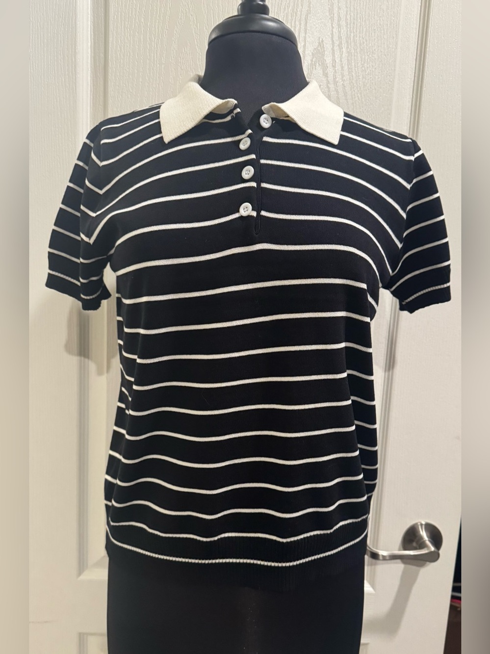 Striped Short-Sleeve Polo Top in Black and White